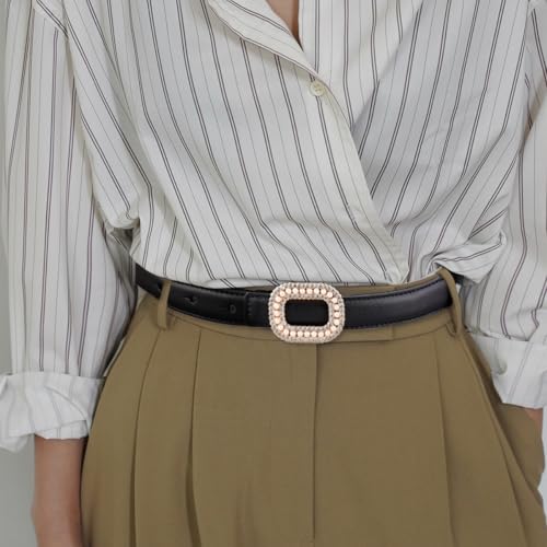 Women Skinny Leather Belt Alloy Buckle With Pearl Rhinestone Simple Commuter Style Slim Waist Belt Pants Dress Belt2
