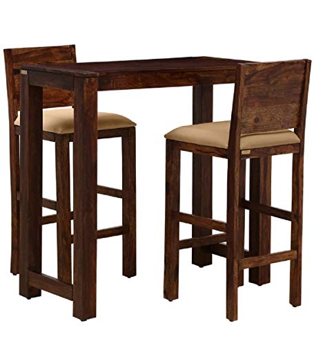 Image of Solid Sheesham Wood Bar Dining Table 2 Seater Set /Wooden Dining Set with 2 Chairs (Teak Finish, 2 Chair, 1 Table)