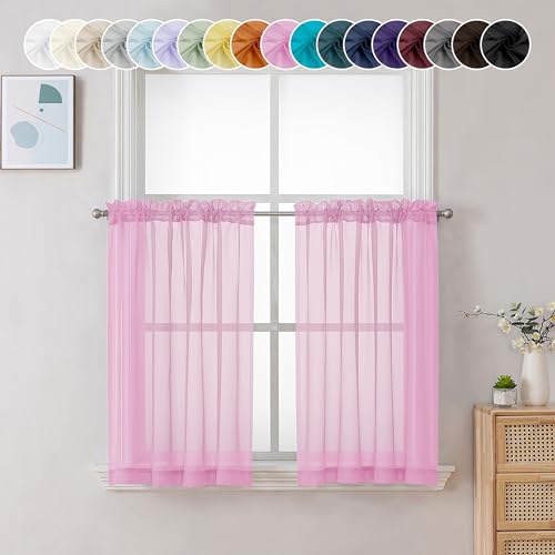 Image of Chyhomenyc Sheer Pink Tier Curtains 24 Inch Length, Small Window Curtains Treatment for Bathroom Living Room Basement, Short Rod Pocket Cafe Curtain, 42W x 24L Inches, 2 Panels