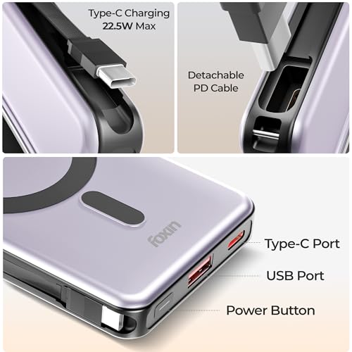 Image of Foxin Mag One Wireless 10000mAh Fast Charging Power Bank with Metal Stand | USB Type C Input & Output, 22.5W Portable Charger for iPhone 12 & Above, Android & Qi Enabled Devices | Meteor Grey