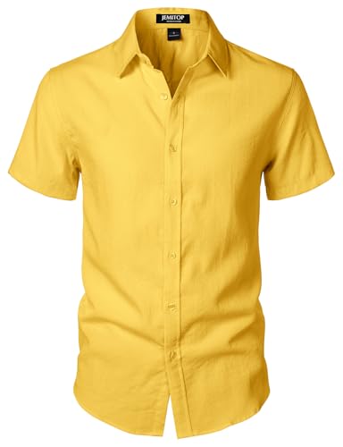 JEMITOP Mens Stretch Textured Short Sleeve Button Down Shirts Summer Casual Beach Wedding Vacation Button up Shirt Yellow L