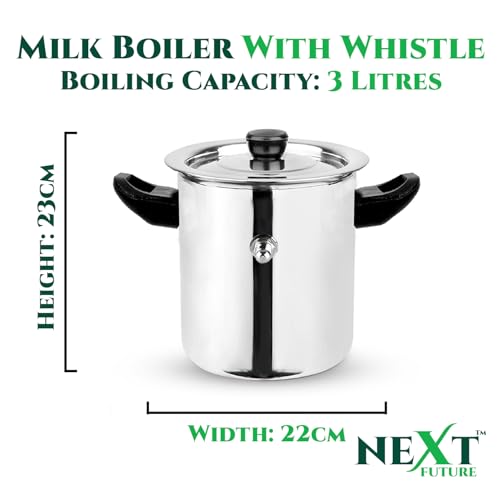Image of Next Future Premium Stainless Steel Milk Cooker /Boiler /Pot with Handle,Lid,Knob,Whistle | Capacity:3Ltr | Gas and Induction Compatible with Whistle Indication.