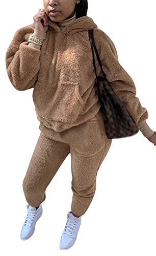 Aro Lora Womens 2 Piece Outfits Warm Fuzzy Fleece Hoodies Sweatpants Tracksuit Set Causal Jumpsuit Medium Coffee