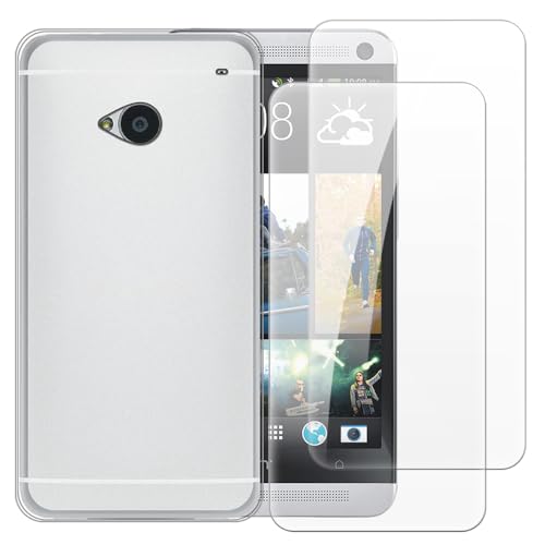 Shantime Funda con 2 Piezas Protector Compatible con HTC One M7, Carcasa Antigolpes y Cristal Templado Protección Completa(Blanco)