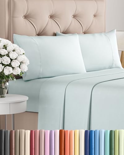Image of Twin 4 Piece Bed Sheet Set - Comfy, Breathable & Cooling Sheets - Ice Blue | Ultra Soft Hotel Luxury Bedding Set with 8-16 Inch Deep Pockets, 1 Flat & 1 Fitted Sheet & 2 Pillowcases, Wrinkle & Fade Free