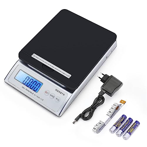 MUNBYN Báscula Postal Digital para Envío, 66 LB x 0,1 oz con Adaptador de EU, 1,5 V x 3 AAA y Cinta Métrica Suave-Negro