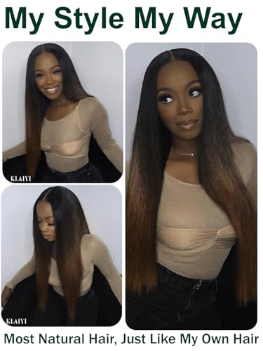 Image of KLAIYI Ombre Reddish Brown Yaki Straight V Part Wig Human Hair Upgrade U Part Wig with Dark Roots No Leave Out Drawstring Clip In Half Wigs Glueless 30S Ready to Wear and Go Natural Hairline 16Inch
