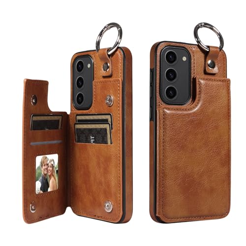 �g�ѓd�b�ی�P�[�X Samsung Galaxy S23 Plus �Ή� �E�H���b�g�P�[�X PU���U�[ �J�[�h�|�P�b�g�t�� �o�b�N�J�o�[ �����O�t�� �_�u�����C�N���X�v �ϋv���̂���ϏՌ��J�o�[(Brown)