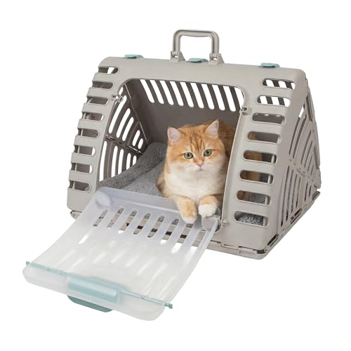 SportPet X-Large Hard-Sided Travel Cat Carrier - Cat Carrier with Patented Wide Side-Opening Door, Foldable Portable Pet Carrier with Removable Bed for Cats & Small Pets up to 35lbs - Gray