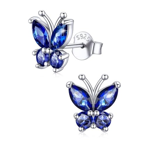 ChicSilver 925 Sterling Silver Butterfly Earrings for Women Hypoallergenic Birthstone Stud Earrings Dainty Butterfly Jewelry Gift for Women September-Sapphire