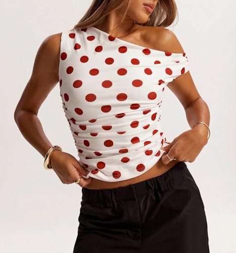 Women Y2k Vintage Polka Dot Asymmetrical Off Shoulder Ruched Crop Tank Tops Slim Fitted Sleeveless Cute Shirts2