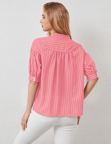 Womens Short Puff Sleeve Striped Blouses Top V Neck Loose Fit Casual Summer Work Blouses Striped Shirt2