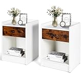 IFANNY Night Stand Set of 2, Mid Century Modern Nightstand with Drawers, Wood Bedside Table w/Open Shelf, Small End Table for Small Spaces, Side Tables for Bedroom, Living Room, Dorm (White)