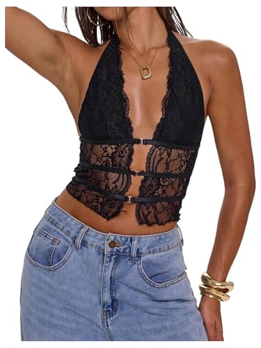 Verdusa Women's Y2K Goth Lace Sheer Halter Top Trendy Going Out Corset Tops Sleeveless Backless Shirts3