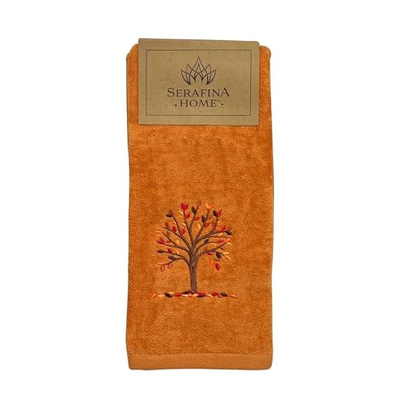 Serafina home fall bath hand towels bathroom decor farmhouse terracotta rust cotton towels with autumn tree falling leaves 2 piece set  urban country home decor