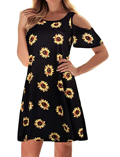 Misyula Style Womens Summer Cold Shoulder Floral Flowy T-Shirt Dress with Pockets - Image 3