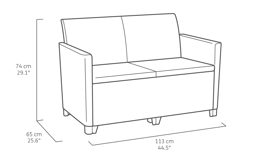 Keter Nora Conjunto de jardín Exterior 4 plazas con Cojines incluidos y Mesa de almacenaje Auxiliar de 35L, Posibilidad de 2 configuraciones de Montaje (2+2 o 3+1), Color Grafito