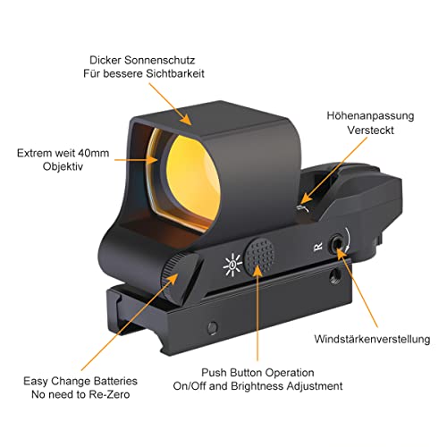 Feyachi RS-30 Rotpunktvisier Red Dot Visier Airsoft mit 20mm/22mm Schiene, 4 Reticles 5 Helligkeitseinstellungen Leuchtpunktvisier Zielfernrohr für Jagd Softair Pistole und Armbrust