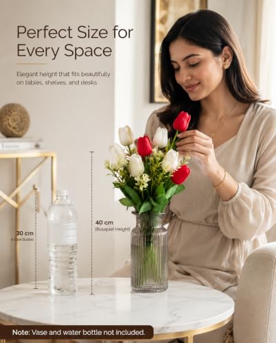 Image of Divyakosh Artificial Flowers Bunch (Vase Not Included). Artificial Flower for Vase Flower Bouquet Gift Red & White Tulip Artificial Flower Bouquet for Living Room, Dining Table, Floral Arrangement