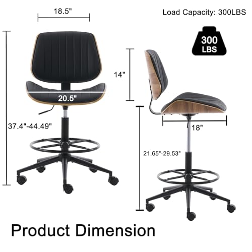 Image of Drafting Home Office Chair, Swivel Desk Chair with Bend Wood Backrest, Ergonomic Office Chairs with Adjustable Height and Footrest Ring for Bar Lab Counter Height Desk and Drawing (Blcak)