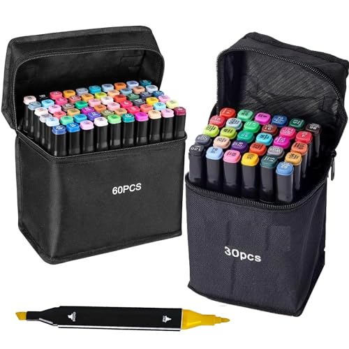 Image of Corslet 90 Pc Alcohol Markers : 60 & 30 Pcs Color Pens | Colour Marker Pen Art Markers Dual Tip Brush & Chisel Alcohol Based Markers for Drawing Sketching Adult Colouring & Illustration