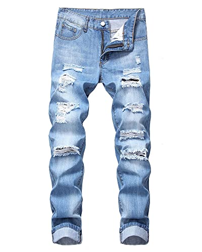 utcoco Men's Slim Fit Mid Waist Straight Leg Ripped Distressed Holes Classic Denim Patches Jeans