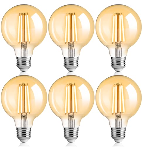 Image of FLSNT G25 Clear LED Bulbs, 40W Eqv, 400LM, 2700K, E26, 6 Pack | Dimmable, CRI90+, amber glass, UL listed, instant on, for bathroom vanity, mirror lighting, living room decor