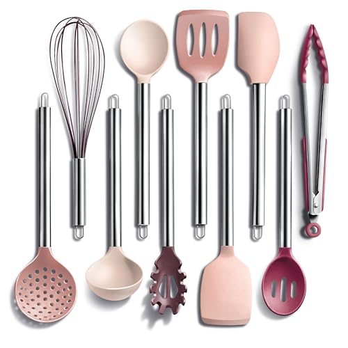 COOK WITH COLOR Silicone Cooking Utensils, Kitchen Utensil Set, Easy to Clean Silicone Kitchen Utensils, Cooking Utensils for Nonstick Cookware, Kitchen Gadgets Set, 10 Pieces, Rose
