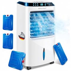 KESSER® Mobile Klimaanlage 4in1 Luftkühler – Air Cooler mit Fernbedienung & Timer, 10L Wassertank, Ionisator & Luftbefeuchter, Ventilator Klimagerät ohne Abluftschlauch, 3 Stufen inkl. Kühlakkus