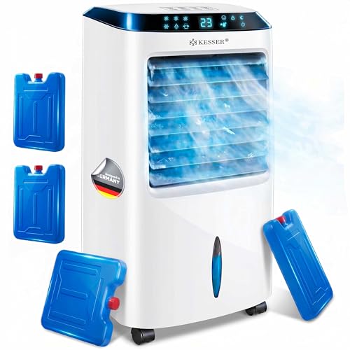 KESSER® Mobile Klimaanlage 4in1 Luftkühler – Air Cooler mit Fernbedienung & Timer, 10L Wassertank, Ionisator & Luftbefeuchter, Ventilator Klimagerät ohne Abluftschlauch, 3 Stufen inkl. Kühlakkus