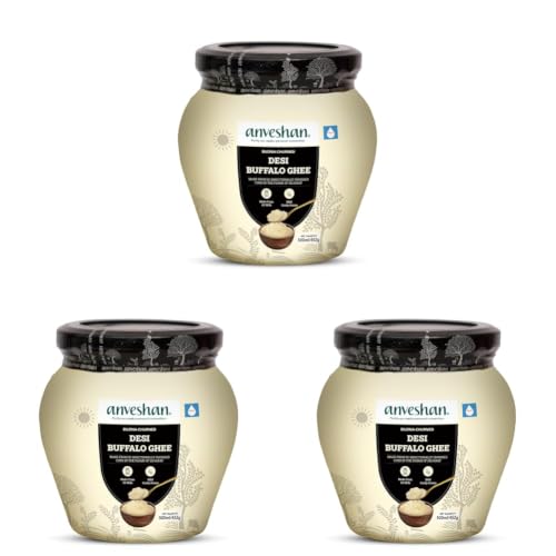 Image of Anveshan A2 Desi Buffalo Ghee 500ML | Glass Jar | Bilona Ghee | Grass Fed Buffaloes | Jaffrabadi Buffalo | Gujarat Region | Pure & Natural | Nutritional Powerhouse | Lab-Tested (500ml) (Pack of 3)