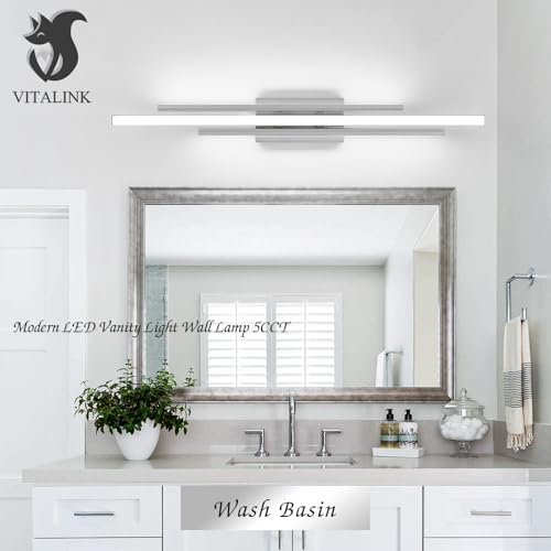 Image of VitaLink 35 Inches Nickel LED Modern Bathroom Vanity Light Fixtures 25W Dimmable 5CCT Vanity Light Bar Over Mirror 3-Light Wall Light for Bathroom Over Mirror Picture Light