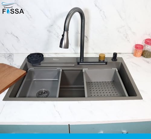 Image of Fossa 30 inchx18 inchx09 inch 5-Year Warranty Single Bowl Waterfall Kitchen Sink Honeycomb Embossed Sink with Nano Coating, Stainless Steel, Rectangular Workstation, Faucet with Included All Accessories. (Grey)