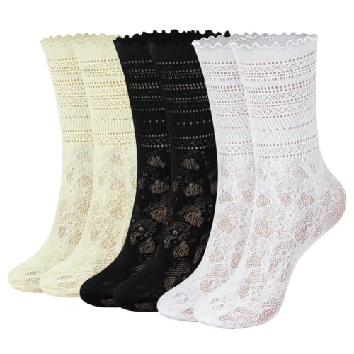 Image of YOYOU Ruffle Crew Socks Women, Frilly Socks, Girly Scalloped Lettuce