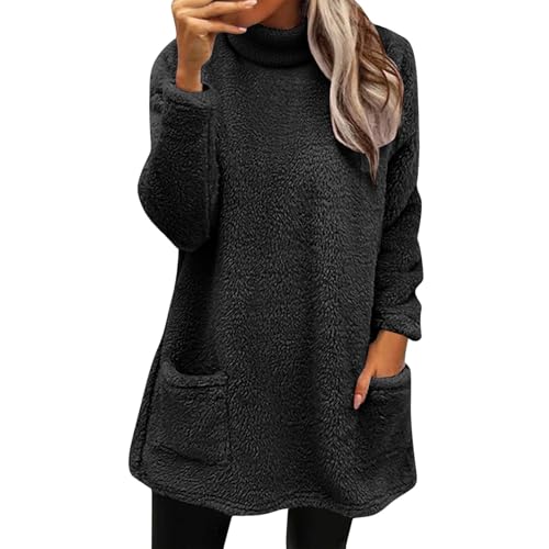 CGGMVCG Womens Sweatshirts Trendy Fleece Sweatshirts for Women Mock Turtleneck Fall Winter Warm Sweater Plus Size Tunic Pullover Tops with Pockets (Black, M)