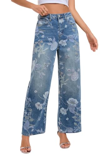 Jeans for Women Floral High Waisted Straight Leg Stretchy Jeans Summer Cute Printed Denim Pants
