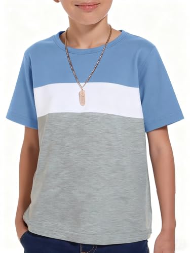 Haloumoning Boys Short Sleeve Shirts Kids Fashion Tops Crewneck Color Block Tees 5-14Y Sky Blue
