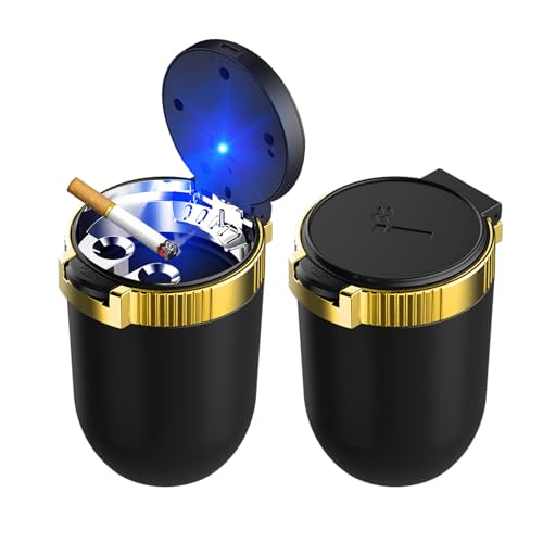Image of Dickno 2 PCS Car Ashtray with Lid, Detachable Stainless Smokeless Auto Ashtray, Portable Mini Vehicle Trash Can with LED Blue Light, Universal Interior Accessories for Cup Holder (Golden)