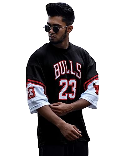 Image of EYEBOGLER Oversized Loose Fit Drop Shooulder Half Sleeves Cotton Blend Printed Baggy T-Shirt for Men
