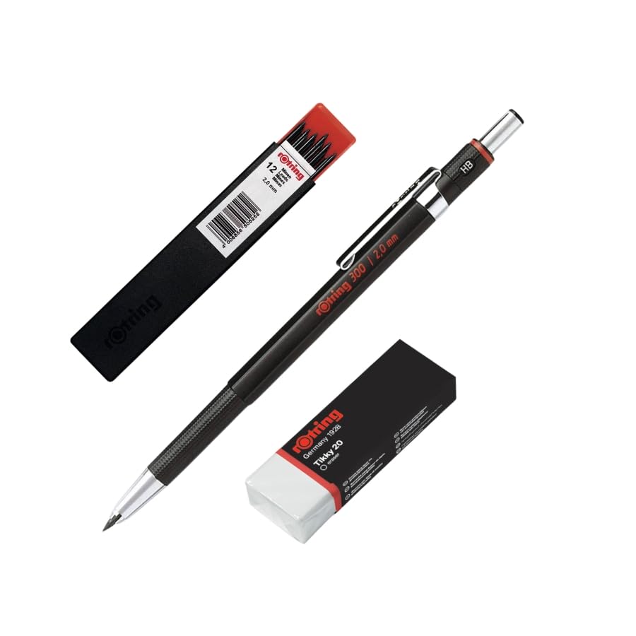 rOtring Portaminas 300 | 2,0 mm | Recargable con sacapuntas debajo de la tapa | 1 unidad con borrador + paquete de grafito de 2,0 mm