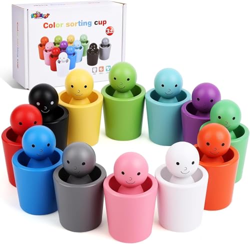 Image of SHINETOY 12PCS Color Sorting Cup with Wooden Bowls | Matching Game for Toddlers 3-6 | Montessori STEM, Math & Sensory Learning Toy