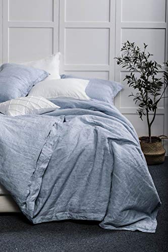 meadow park Washed Linen Chambray 3 Pieces Duvet Cover Set, 100% Yarn Dyed French Linen, King Size, Super Soft, Flanged Style, Heathered Blue - Thumbnail 2