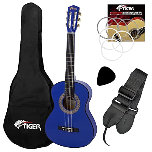 TIGER CLG4 Pack de guitarra clásica para niños de tamaño 3/4 para zurdos - Pack de guitarra española con bolsa, cuerdas de repuesto, correa y púa, ideal para edades de 9 a 11 años - Azul