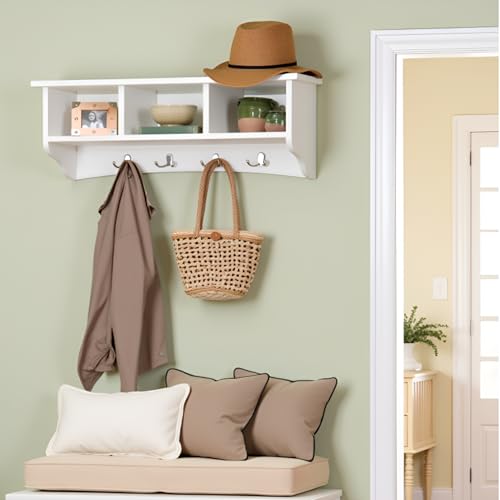 Image of Shaker Cottage 36-Inch Wall-Mounted Coat Rack with 3 Open Shelves - Transitional Entryway Organizer, Mudroom Storage Shelf with 4 Hooks - Space-Saving Wall Storage by Alaterre Furniture (Ivory)