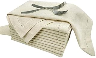 Linen Clubs PACK of 12, Flax by Flax(70% COTTON,30% LINEN) Premium Hemstitched Dinner Napkins 50 CM X 50 CM, Natural Color 100% Natural Fiber With Rustic Linen Look.