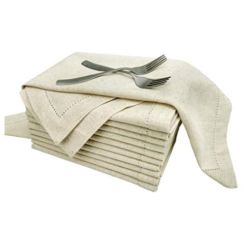 Linen Clubs PACK of 12, Flax by Flax(70% COTTON,30% LINEN) Premium Hemstitched Dinner Napkins 50 CM X 50 CM, Natural Color 100% Natural Fiber With Rustic Linen Look Cover