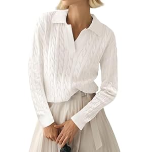 LACOZY Womens Fall Long Sleeve Sweaters Lapel V Neck Cable Knitted Pullover Shirts Casual Soft Jumper Top