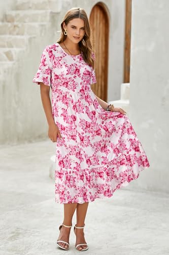 Image of STYLEWORD Womens Summer Casual Short Sleeve Flowy Midi Beach Dress