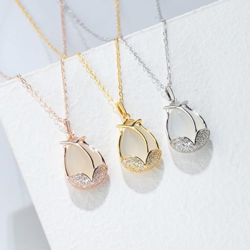 Sterling Silver White Chalcedony Tulip Flower with Little Crystals Pendant Necklace4