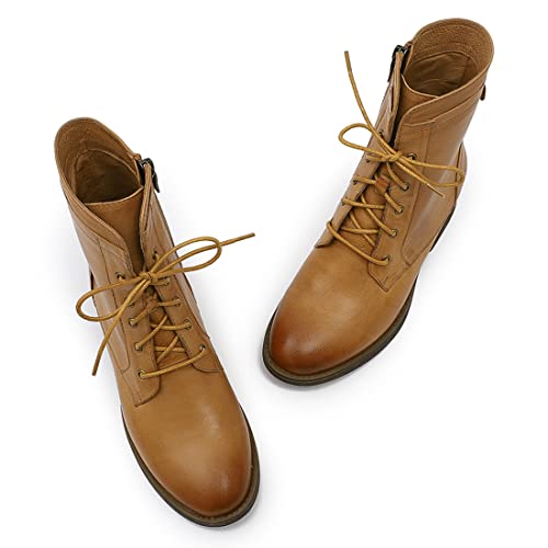 Mona flying Women's Combat Boots Mid Calf Side Zipper Fashion Lace up Soft Leather Booties Low Heel4